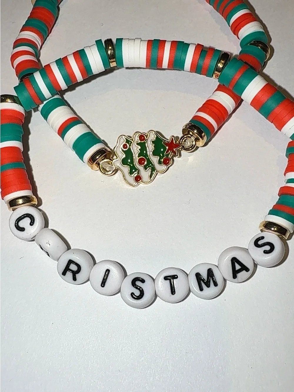 Christmas Polymer Clay Bead Bracelet Set | Festive Holiday Jewelry
